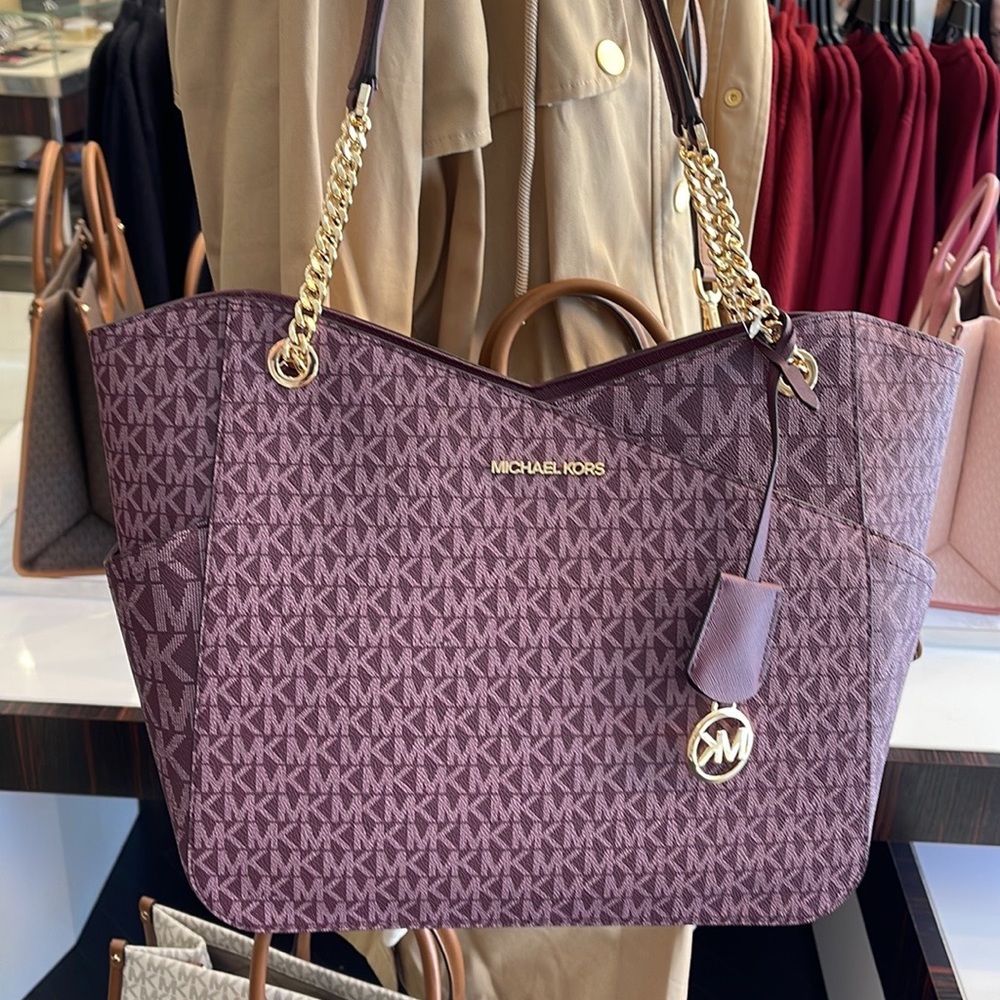 Michael Kors Jet Set Travel Large Chained Tote Shoulder Bag MK Bordeaux Multi - Picture 6 of 16